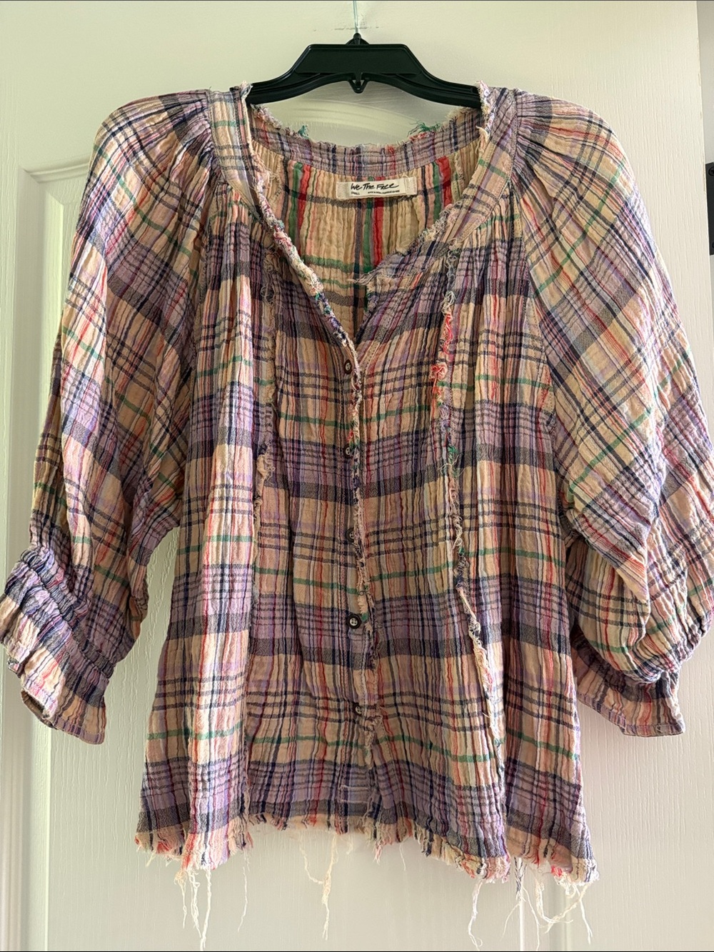 Free People Pastel Plaid Button-Front Boho Blouse